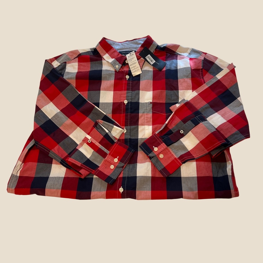Tommy Hilfiger Mens XL Classic Fit Plaid Button Down Shirt Red Navy 78E1875-619